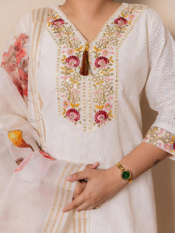 VP 9778 O Handwork Cotton Straight Kurta With Trousers & Dupatta Sets